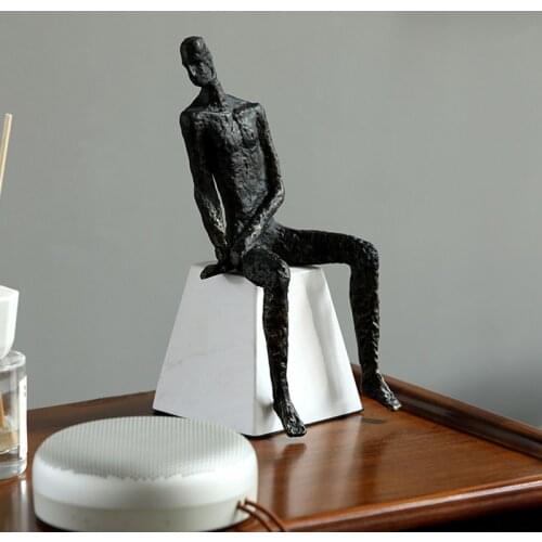 Modern Abstract Figure Sitting On White Trapezoidal Marble Statue Ornaments Home Decoration Accessories Metal Crafts Furnishings