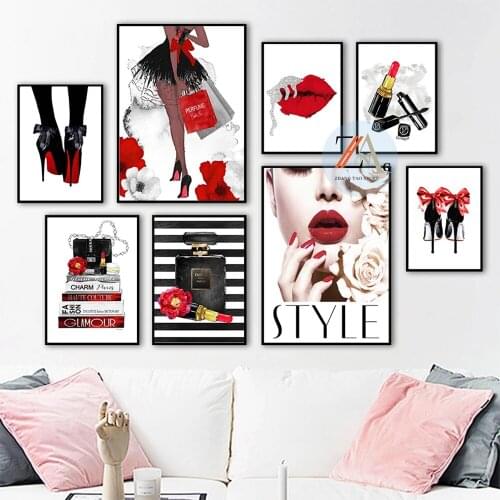 Modern Fashion Girl Perfume Red Lips Rose Pack Nordic Style Poster Color Canvas Printing And Art Wall For Home Decor Picture