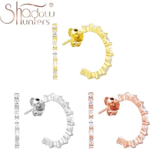 SHADOWHUNTERS Pure 925 Sterling Silver Zirconia Huggies Hoop Earrings Woman Shining Hoops For Classic Wedding Statement Jewelry