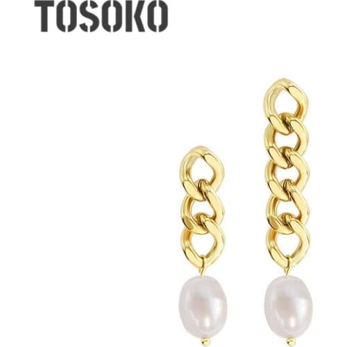 TOSOKO Stainless Steel Jewelry Chain Freshwater Pearl Asymmetric Earrings Womens Fashion Long And Short Chain Earrings BSF344