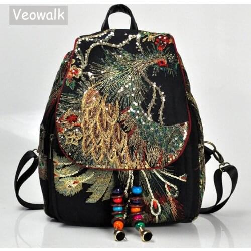 Veowalk Peacock Sequins Embroidered Womens Canvas Backpacks, Ladies Floral Rucksacks Woman Small School Back Bag Bagpack