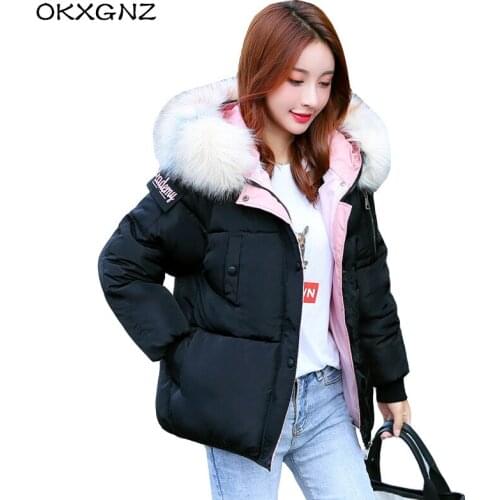 2019 Winter New Short Jacket Women Hooded Winter Coat Women Loose Parka Faux Fur Collar Cotton Padded Jacket Outwear M272