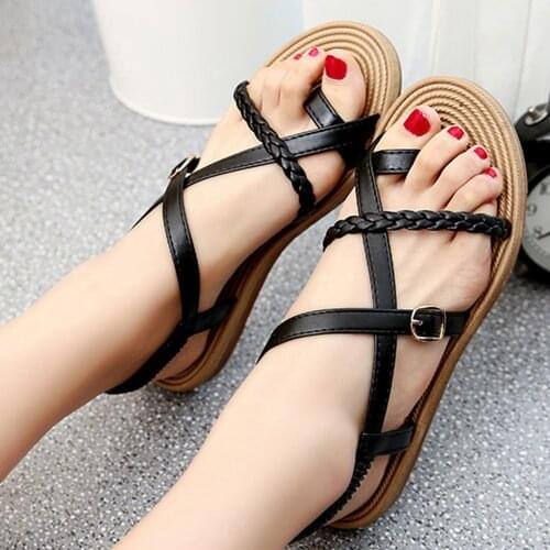 Womens Summer Sandals Shoes Flat Female Soft Sandals Belt Buckle Sandals Casual Roman Sandals Ladies Plus Size Shoes Mujer