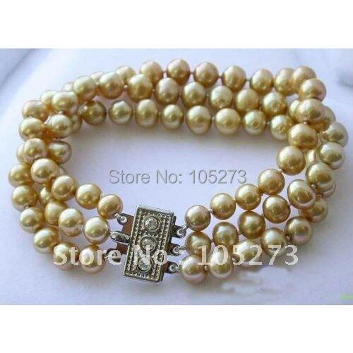 3Row AA 8-9MM Champagne Round Freshwater Pearl Bracelet Fashion Pearl Jewelry Beautiful Womens Bracelet Hot Sale FN1375