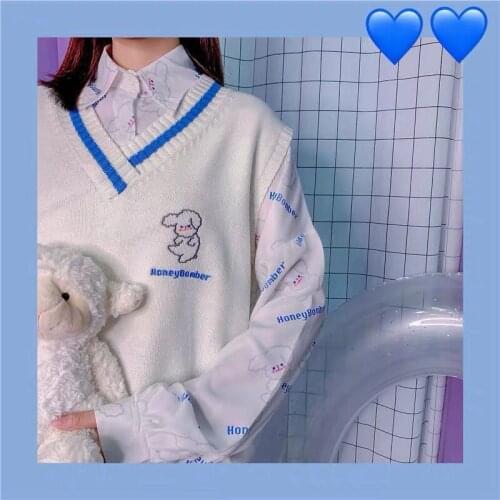 Women Sweater Vest Clever Odd Girl Loose-Fitting Waistcoat Womens Knitted Wool Waistcoat Vest White Blue Outer Wear Vest