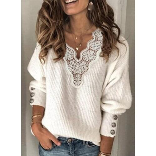 Women Lace Patchwork Sweaters 2021 Autumn Buttons Knit Pullovers Elegant Winter Sexy V Neck Knitted Sweater Tops Jumpers