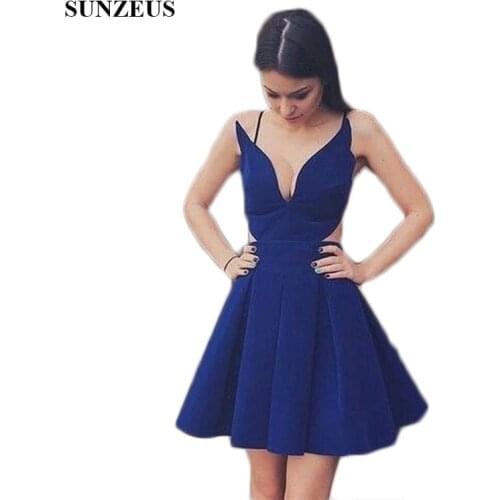 Royal Blue A-Line Short Party Dresses V Neck Spaghetti Straps Girls Homecoming Dress Gowns Hollow Waist Prom Gowns SHD19
