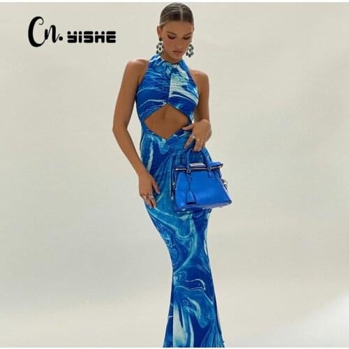 CNYISHE 2021 Beach Bodycon Sexy Dress Summer Cut Out Off Shoulder Backless Print Tie Dye Blue Women Maxi Dresses Fashion Vestido