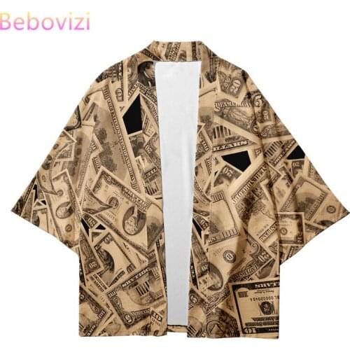 Plus Size XXS-4XL Loose Japanese Style Personalized Currency Newspaper Printing Fashion Kimono Men and Women Cardigan Blouse