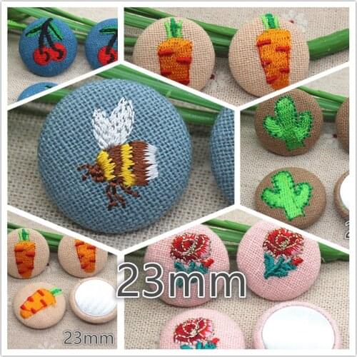 10pcs 23mm embroidery bee/flower/strawberry Flatback Fabric Covered round Buttons Home Garden Crafts Cabochon Scrapbooking