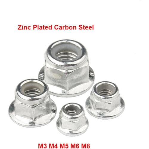 10Pcs Hex Flange Nylon Insert Lock Nuts M3 M4 M5 M6 M8 Carbon Steel White Zinc Plated Hexagon Self-locking Nylock Locknut