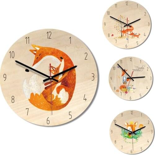 12" Cartoon Fox Baby Hug Mother Wall Clock Come Home Leaves Wood Wall Clock Home Room Decor Creative Clock Child Girls Gift