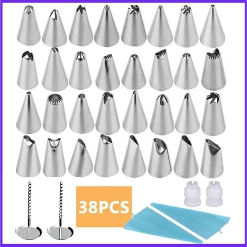 38pcs Piping Tips Stainless Steel Nozzles Pastry Confectionery Tools & Pastry Bag & Coupler & Pastry Nails Cake Decorating Tools