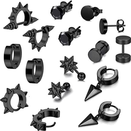 8 Pairs Stainless Steel Spike Stud Earrings for Women Men CZ Huggie Earring Punk Triangle Dangle Small Hoop Earrings Set