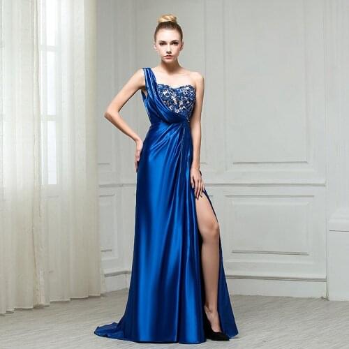2021 Satin Royal Blue Mermaid Prom Dress One Shoulder Exquisite Sequined Sleeveless Sexy High Split Formal Banquet Evening Gowns