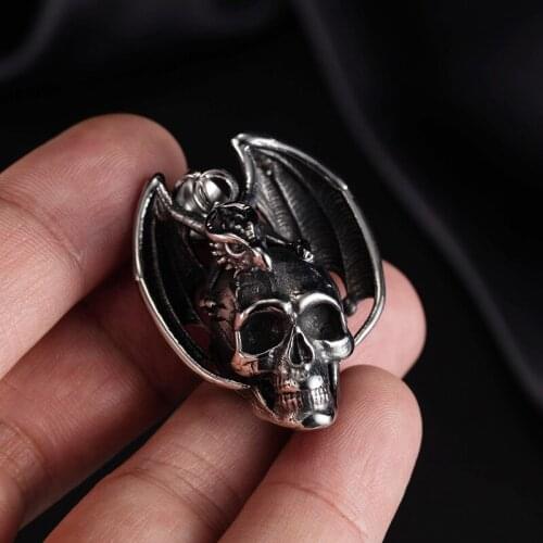 Punk Stainless Steel Ghost Head Skull Necklace Pendant Gothic Skull Wing Necklace for Men Women Fashion Hip Hop Sweater Chain