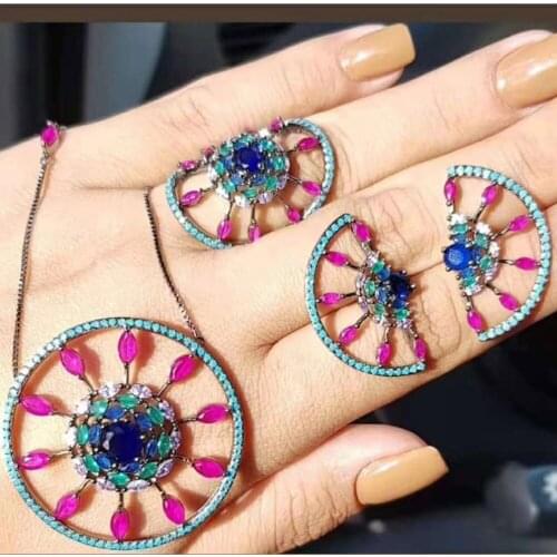 KellyBola 3PCS Luxury Women Jewelry Sets Cubic Zirconia Geometric Pendant Necklace Dangle Earrings Resizable Ring Jewelry Sets