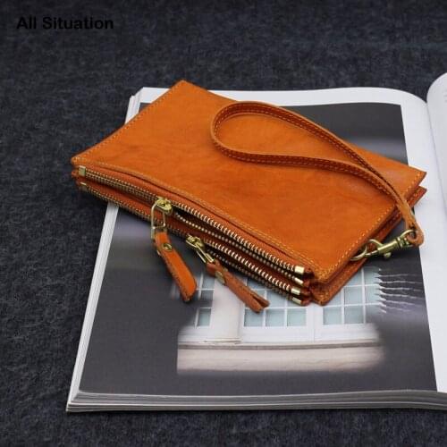 Luxury Double Zipper Clutch Bag Vegetable Tanned Cow Leather Retro Mobile Phone Purse Casual Fashion Wrist Strap Long Wallet