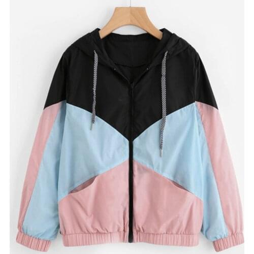 Women Basic Jackets Female Zipper Pockets Casual Long Sleeves Coats Autumn Hooded Jacket Two Tone Windbreaker Jacket