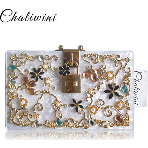 Fashion Prom evening bag diamond flower Clutch Bag hollow relief Acrylic luxury handbag banquet party purse womens Shoulder bag