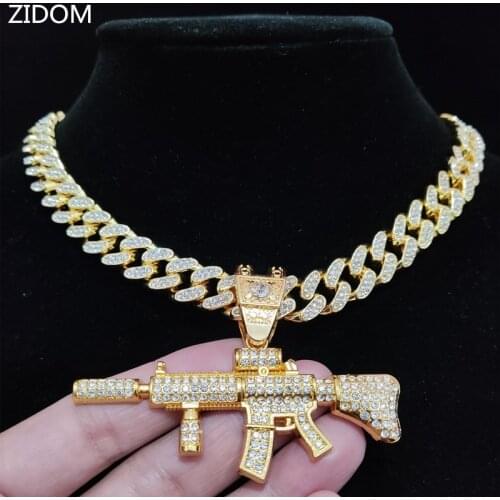 Men Women Hip Hop Iced Out Bling Bling Gun Pendant Necklace with 13mm Miami Cuban Chain HipHop Necklaces Fashion Charm Jewelry