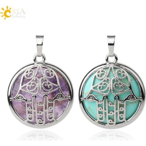 CSJA Natural Stone Pendants for Necklaces Cabochon Crystal Fatima Hamsa Hand Silver-color Pendant Women Men Healing Jewelry G487