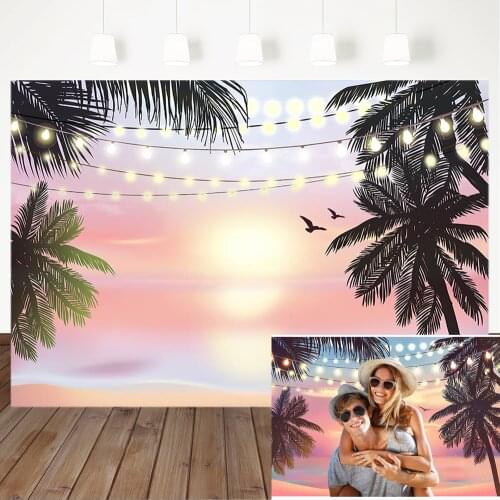 Pink Sunset Hawaiian Beach Backdrop Summer Tropical Seaside Photography Background Wedding Birthday Baby Shower Decor Banner