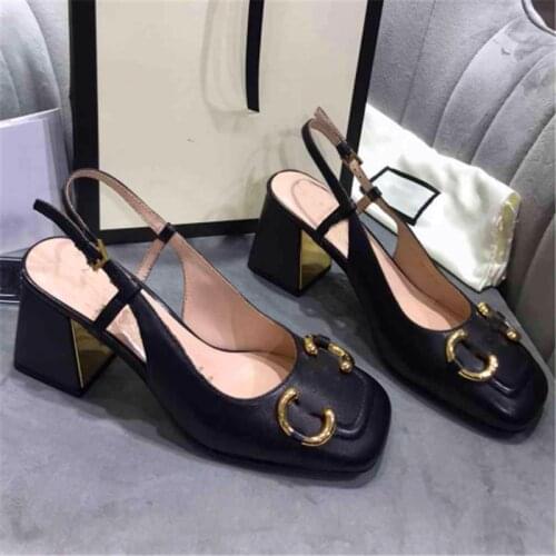Metal Decoration Sandals Back Lace Pumps Sandals Retro Buckle Strap Sandals Square Toe Sandals Thick High Heel Womens Shoes
