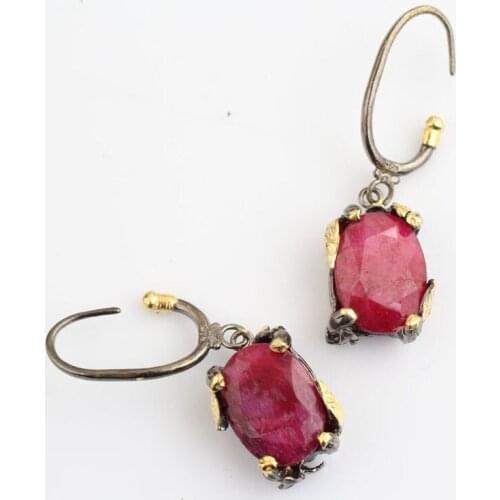 Handmade Silver Earring, Handmade Dyed Ruby 925 Silver Woman Earring,Handmade Dyed Ruby Women Earring,Plant Leaf Shaped Woman