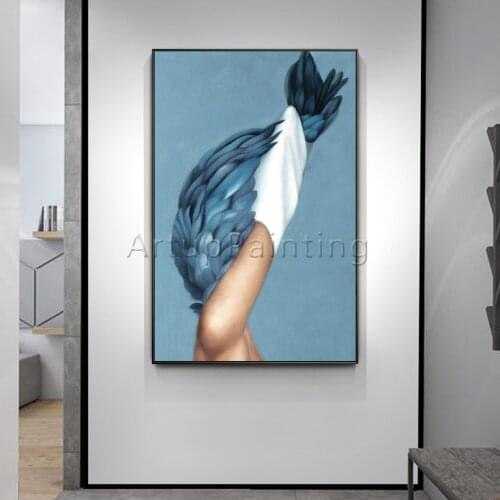 Modern oil Painting on Canvas Hand Painted blue feather woman potrait Wall Art Picture for Living Room Home Decoration