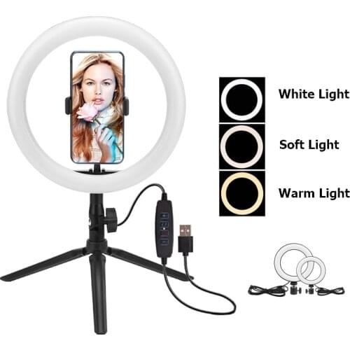 6/10 Inch Dimmable Photography LED Selfie Ring Light USB Charger Youtube Video Live Photo Studio Light Phone Holder Mini Tripod