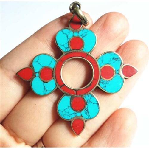 TBP484 Nepal Vintage Clover Pendant Inlay Colorful Stone Flower Tibetan Jewelry