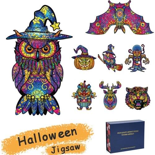 Halloween Owl Unique Wooden Puzzle Adult Animal Jigsaw Puzzle Gift Wrapping Box Bat Puzzle Children Wooden Halloween Toy Gifts