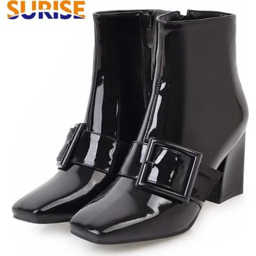 2019 Women Ankle Boots Patent Leather 7cm High Thick Block Heel Square Toe Casual Dress Buckle Zipper Ladies Winter Short Boots