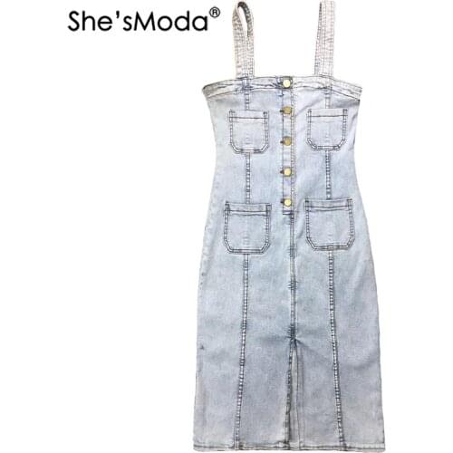 ShesModa Denim Jeans Vintage Pocket Button Washed Summer 2020 Womens Knee-length Dress