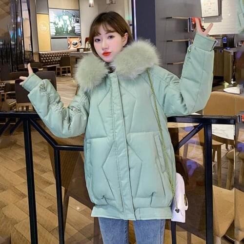 Women Cotton Padded Loose Hooded with Fur Collar Casual Thick Coats Outwear Short Parkas Female Winter Oversized Solid Jacket