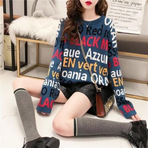 Timis Li Candy Coulor Letter Sweater Women Harajuku O-neck Pullover Long Sleeve Loose Knitted Oversize Sweater Soft Outwear