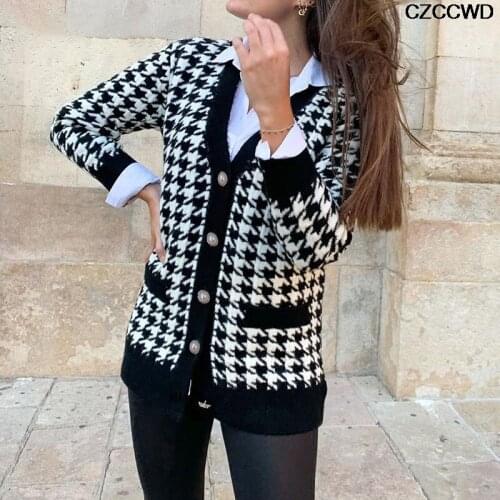 V Neck Women Button Y2k Black Houndstooth Autumn Winter Cardigan Casual Long Sleeve Sweater Knitted Loose Jumper Oversized
