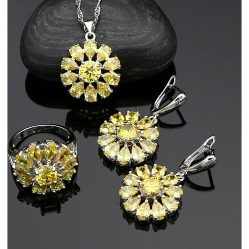 Romantic Bridal 925 Sterling Silver Jewelry Sets For Women Yellow Cubic Zirconia Earrings Pendant Ring Necklace Silver Kit