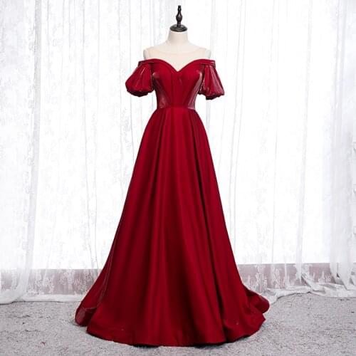 New Lace O-Neck Evening Dress Short Sleeves Ruched A-Line Floor-Length Luxurious Burgundy Simple Party Formal Gown Woman B272