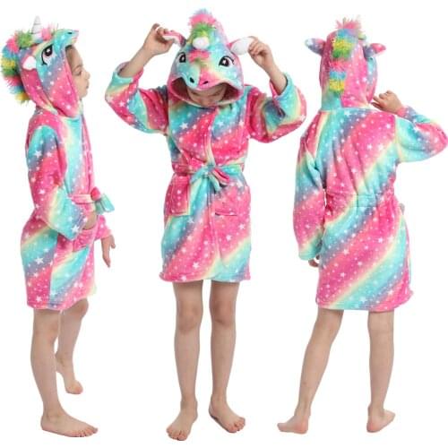 Girls Winter Flannel Soft Kigurumi Rainbow Unicorn Pajamas Bathrobe Children Sleepwear Nightwear Homewear for Kids Bath Robes