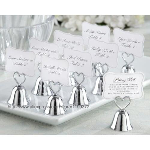 100pcs Heart Kissing Bell Place Card Photo Holder Bridal Wedding Metal Heart Shape Favor Favors Golden Silver Color