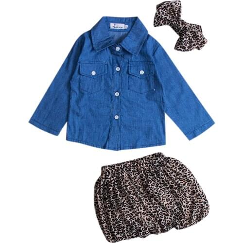 Pudcoco 3PC Toddler Baby Girls Dress Denim Shirt+Leopard Skirt+Headband Kids Clothes set 6M-5Y
