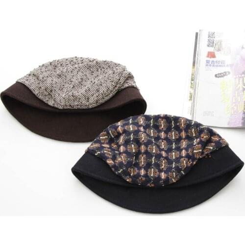 Free shipping High Quality Casual Newsboy Caps Woman Fedoras Wool Bucket Caps Classic Patchwork Short Brim Round Cap Bowler Hats