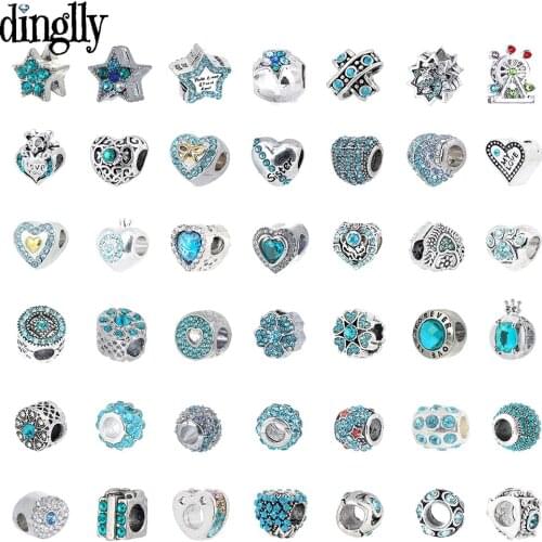 Dinglly Cyan-blue Rhinestone Beads Heart Crystal Star Charm Fit Bracelet & Necklace Silver Color Jewelry Accessory Flower Beaded
