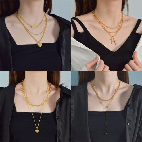 Fashion Multi-layer Stainless Steel Heart Chain Choker Necklace For Women Jewelry Gift Gold Bead Chunky Chain Cross Necklaces