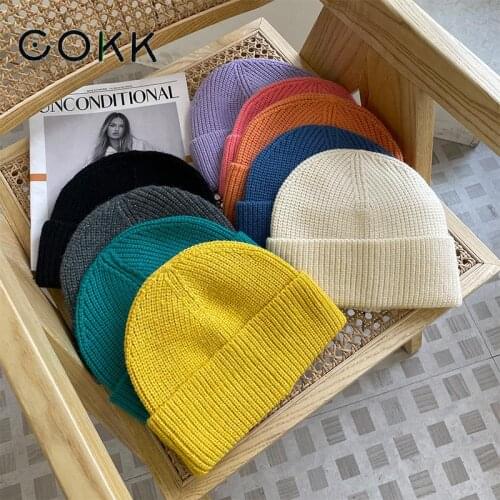 COKK Hat Women Winter Autumn Solid Color Knitted Beanie Bonnet Femme Outdoor Melon Cap Warm Gorro Headdress Female