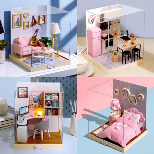 DIY Happy Wooden Miniature Dollhouse Handmade Little Doll House Furniture Model Building Kits Toys For Kids Adult Xmas Gifts