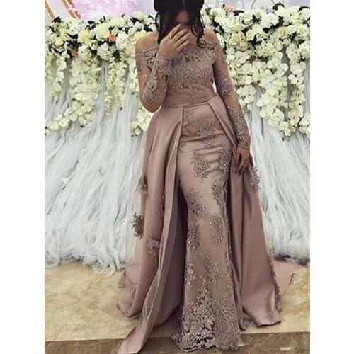 Dubai Muslim Evening Dresses Mermaid Long Sleeves Appliques Beaded Saudi Arabia Long Prom Dress Gown Robe De Soiree
