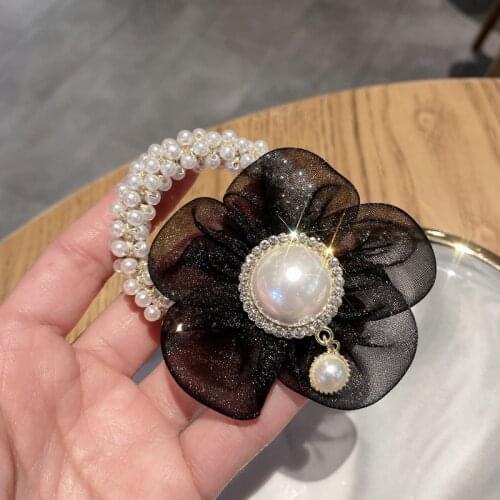 Elegant Eugene Yarn Flower Elastic Hair Bands Fashion Rhinestone Ponytail Hair Ties for Women Pearl Women Girls Hair Accessories